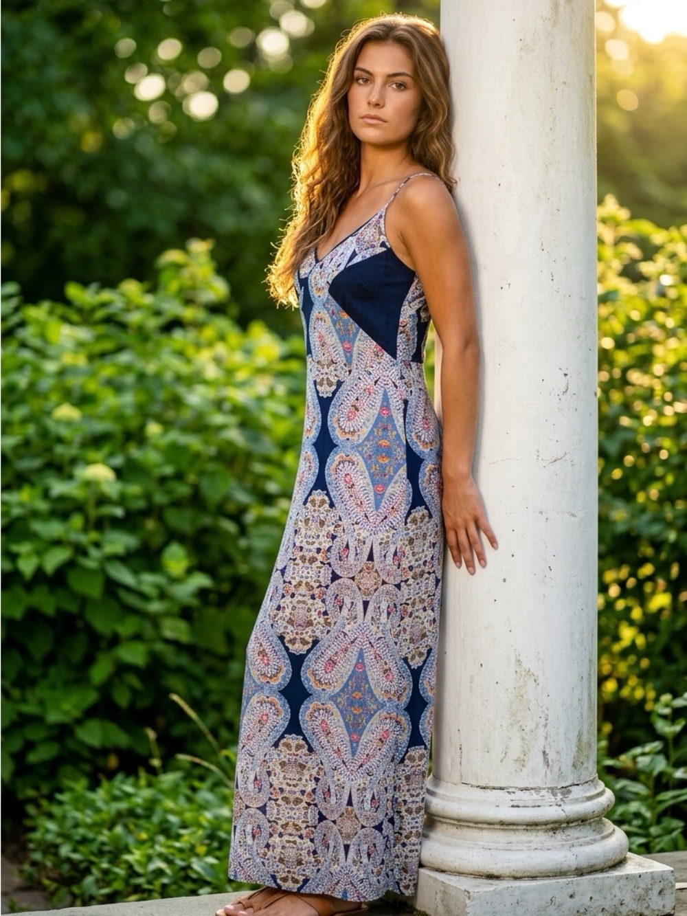 Sleeveless Navy Blue Paisley Maxi Dress